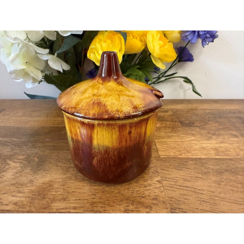 Vintage Blue Mountain Pottery Lidded‎ Sugar Bowl – Harvest Gold Drip Glaze Retro